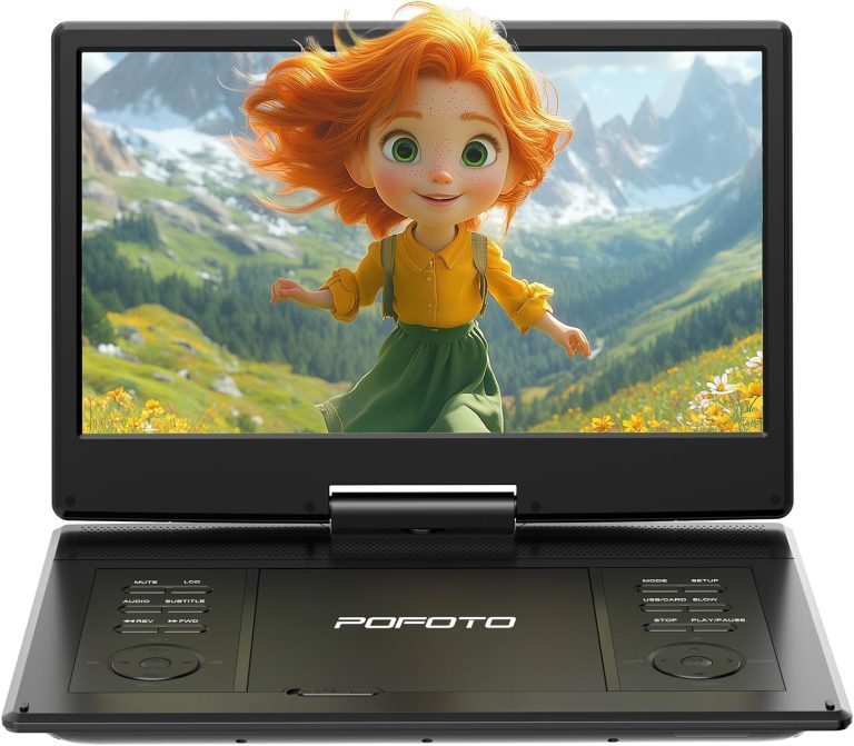 15.7″ Portable DVD Player with 14.1″ HD Swivel Screen, 6-Hour Rechargeable Battery, Dual Speakers, USB/SD/TV Sync, Supports Multiple Disc Formats, Black