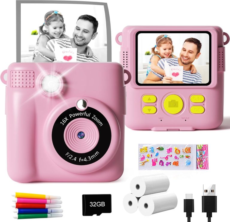 GKTZ Instant Print Camera for Kids – 1080P HD Instant Print Photo – Christmas Birthday Gifts for Age 4 5 6 7 8 9 10 Girls Boys – Portable Toy with 3 Rolls Photo Paper, 32GB Card, 5 Color Pens – Pink
