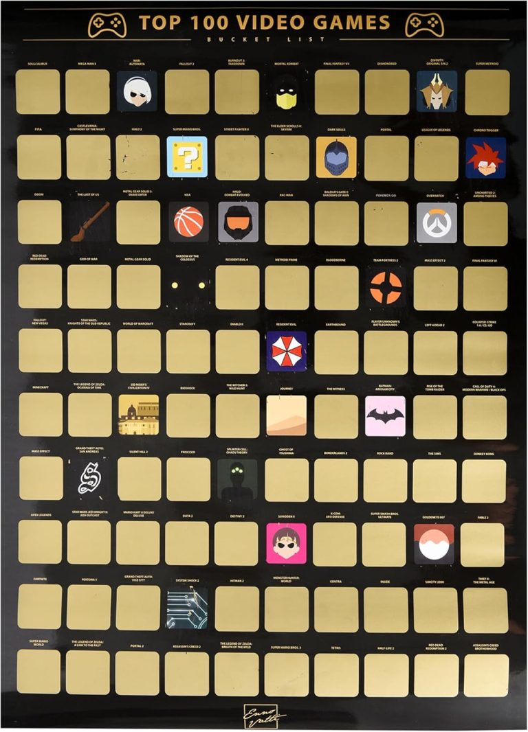 Enno Vatti Top 100 Video Games Bucket List Scratch Poster – Modern Design Scratch Off Cards – Fresh Illustrations of 100 Bucket List for Video Game Enthusiasts – Gift for Video Game Lovers