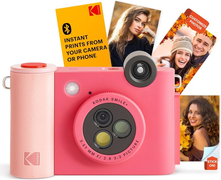 KODAK Smile+ 2-in-1 Digital Instant Print Camera & Wireless Bluetooth Photo Printer – 10MP, Special-Effect Rotating Lens, Zink 2×3” Sticky-Back Photos, Print via Fun App from Smart Devices – Fuchsia