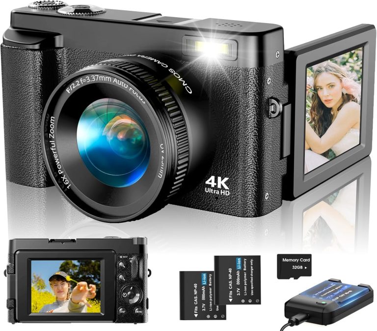 4K Digital Camera for Photography Autofocus, Upgraded 48MP Vlogging Camera for YouTube with SD Card, 3″ 180 Flip Screen Compact Travel Camera with 16X Digital Zoom, Flash, Anti-Shake, 2 Batteries
