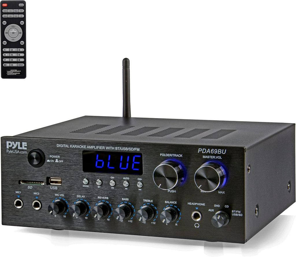 Pyle Bluetooth Home Audio Amplifier Receiver Stereo 300W Dual Channel Sound Audio System w/MP3, USB, SD, AUX, RCA, MIC, Headphone, FM, LED, Reverb Delay, for Home Theater Speakers, Studio – PDA69BU Pyle Bluetooth Home Audio Amplifier Receiver Stereo 300W Dual Channel Sound Audio System w/MP3, USB, SD, AUX, RCA, MIC, Headphone, FM, LED, Reverb Delay, for Home Theater Speakers, Studio – PDA69BU