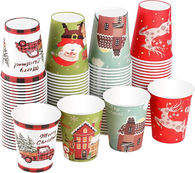 100 Pack Christmas Disposable Paper Cups, 9 oz Santa Claus Paper Coffee Cup Christmas Drinking Cup for Christmas Hot Cold Tea Drinks Party Supplies, 4 Styles