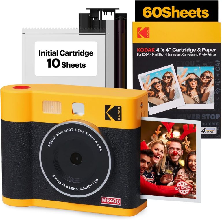 KODAK Mini Shot 4 ERA 4PASS 2-in-1 Instant Camera and Photo Printer (4×4) (Yellow, Camera + 70 Sheets)
