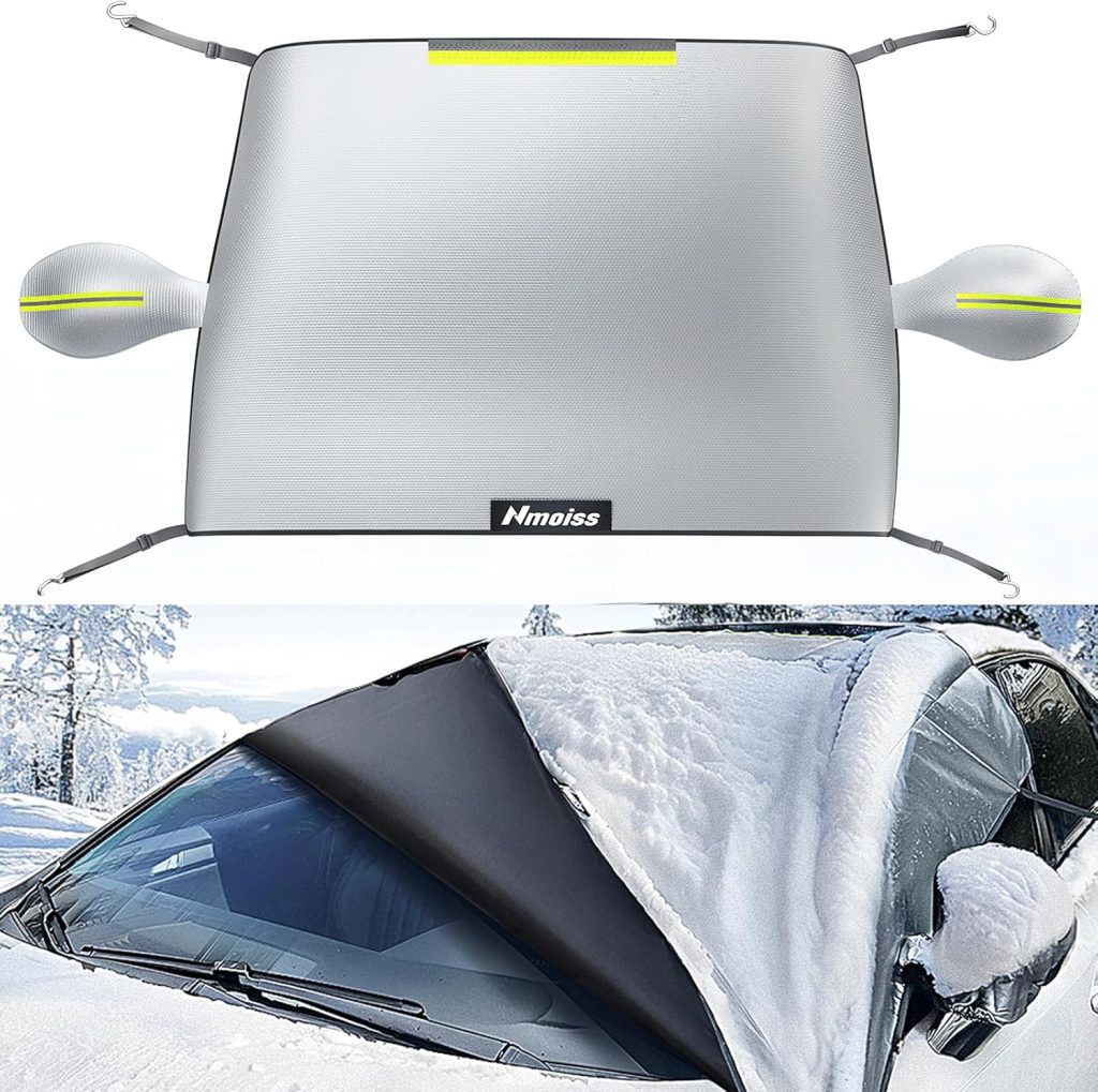 Windshield Cover for Ice and Snow [Upgraded Silver Waterproof] Against Frost Ice and Snow Easy Installation with Straps Compact All-Weather Durable Fit for Cars SUVs and Trucks