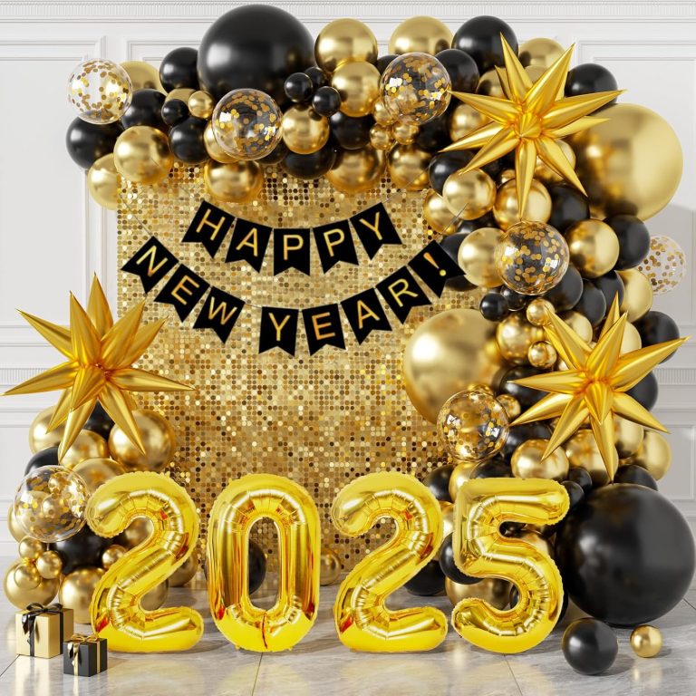 140Pcs New Year Decorations 2025 Balloons Arch – New Years Eve Party Supplies 2025 with Black & Gold 2025 New Year Balloons, Happy New Year Banner – Perfect for Happy New Year Decorations