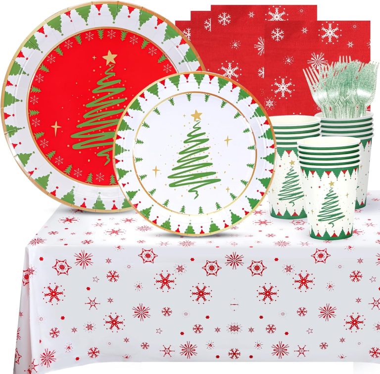 Atonofun Christmas Party Supplies, Merry Christmas Paper Plates and Napkins, Disposable Christmas Party Plates, 12oz Cups, Napkins and Cutlery for Xmas, Christmas Party Decorations Serves 24