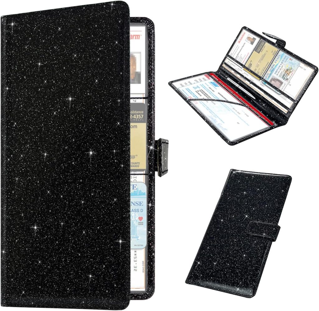 RSAquar Car Registration and Insurance Holder, Vehicle Glove Box Organizer Cool Car Accessories, Car Document Holder for Cards, Driver License & Essential Document, Black Glitter RSAquar Car Registration and Insurance Holder, Vehicle Glove Box Organizer Cool Car Accessories, Car Document Holder for Cards, Driver License & Essential Document, Black Glitter