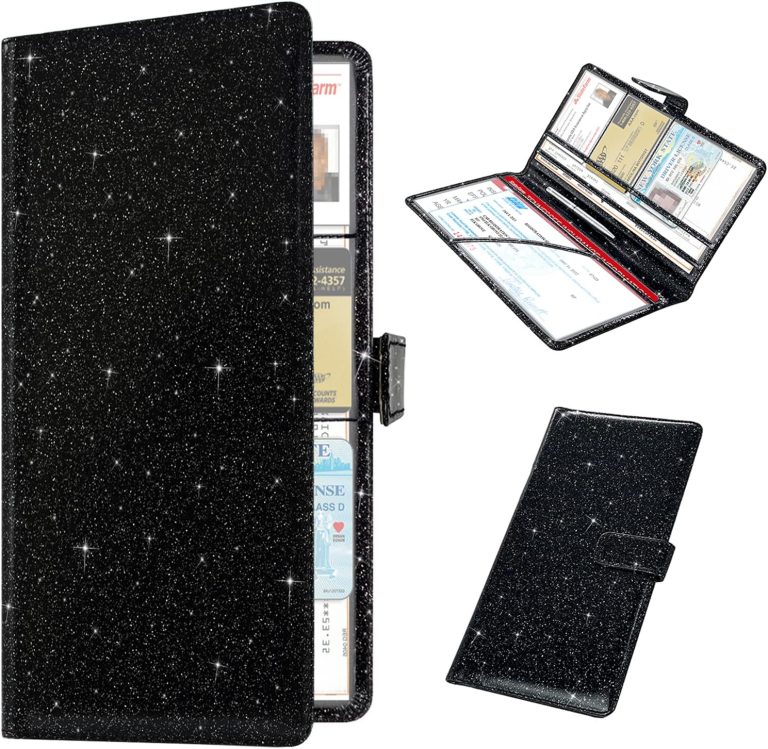 RSAquar Car Registration and Insurance Holder, Vehicle Glove Box Organizer Cool Car Accessories, Car Document Holder for Cards, Driver License & Essential Document, Black Glitter