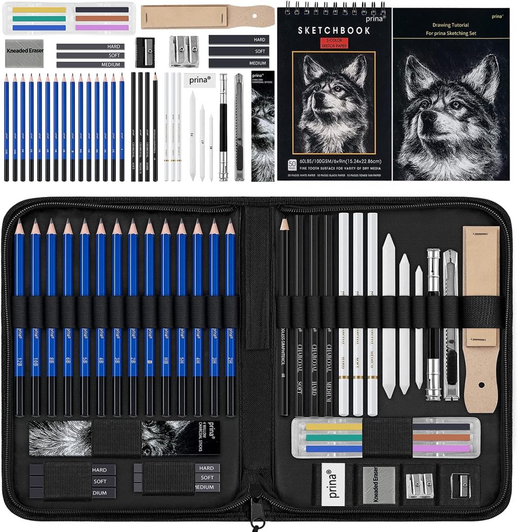 Prina 50 Pack Drawing Set Sketch Kit, Sketching Supplies with 3-Color Sketchbook, Graphite, and Charcoal Pencils, Pro Art Drawing Kit for Artists Adults Teens Beginner Kid, Ideal for Shading, Blending Prina 50 Pack Drawing Set Sketch Kit, Sketching Supplies with 3-Color Sketchbook, Graphite, and Charcoal Pencils, Pro Art Drawing Kit for Artists Adults Teens Beginner Kid, Ideal for Shading, Blending