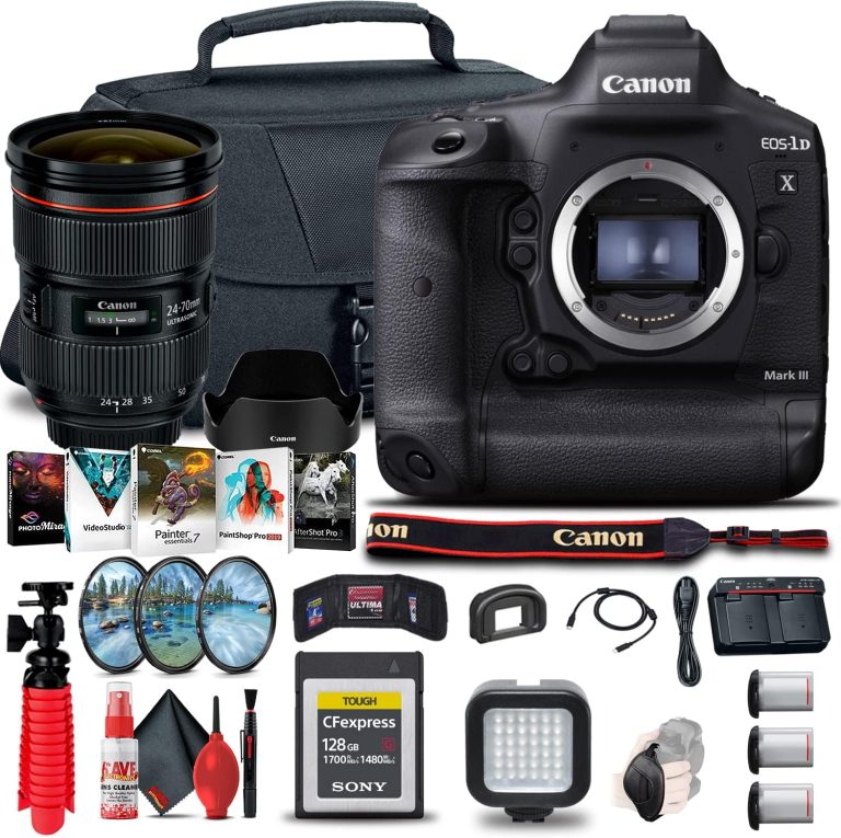 Canon EOS-1D X Mark III DSLR Camera (Body Only) (3829C002) + Canon EF 24-70mm Lens + 128GB CFexpress Card + 2 x LP-E19 Battery + Case + Filter Kit + Corel Photo Software + LED Light + More (Renewed)