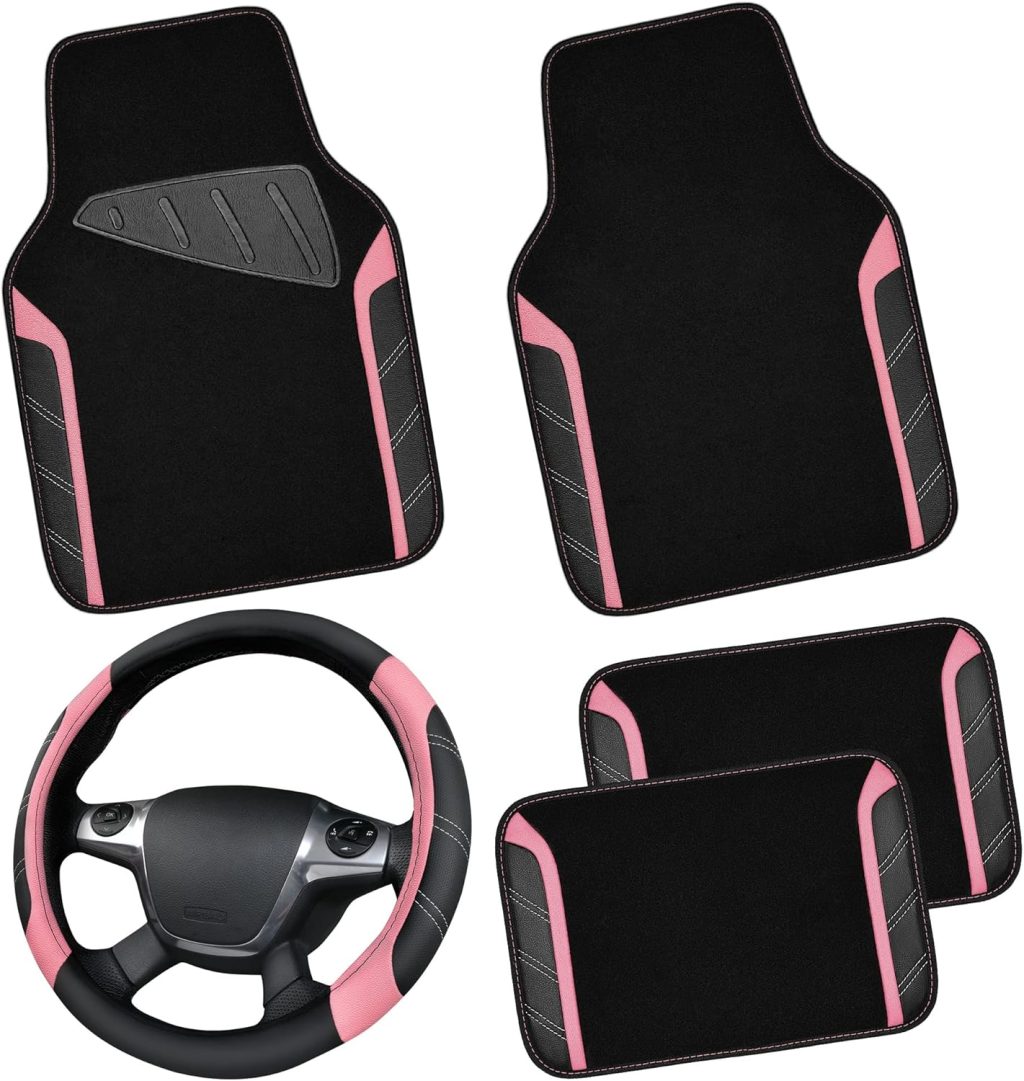 CAR PASS Microfiber Steering Wheel Cover and Waterproof Car Floor Mats,Leather Universal Car Combo Fit for 95% Truck,SUV,Cars,14.5-15inch Sporty Anti-Slip Safety Comfortable Design(Black and Pink) CAR PASS Microfiber Steering Wheel Cover and Waterproof Car Floor Mats,Leather Universal Car Combo Fit for 95% Truck,SUV,Cars,14.5-15inch Sporty Anti-Slip Safety Comfortable Design(Black and Pink)