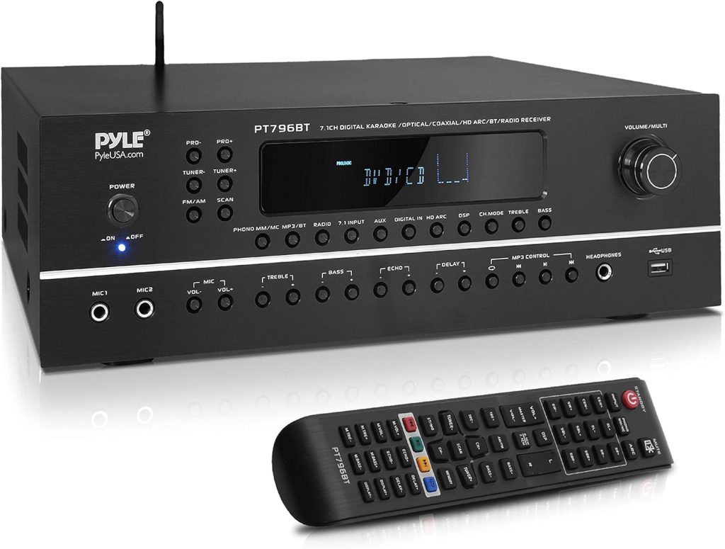 Pyle 7.1-Channel Hi-Fi Bluetooth Stereo Amplifier – 2000 Watt AV Home Theater Speaker Subwoofer Surround Sound Receiver w/ Radio, USB, RCA, HDMI, MIC IN, Supports 4K UHD TV, 3D, Blu-Ray – PT796BT Pyle 7.1-Channel Hi-Fi Bluetooth Stereo Amplifier – 2000 Watt AV Home Theater Speaker Subwoofer Surround Sound Receiver w/ Radio, USB, RCA, HDMI, MIC IN, Supports 4K UHD TV, 3D, Blu-Ray – PT796BT
