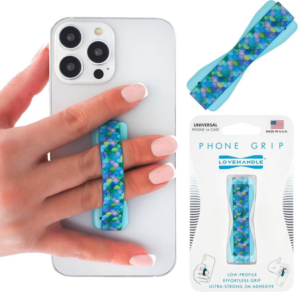 LOVEHANDLE Universal Phone Grip for Smartphones & Mini Tablets – Phone Holder for Hand – Wireless Charging Compatible – Made in The USA – Mermaid Scales LOVEHANDLE Universal Phone Grip for Smartphones & Mini Tablets – Phone Holder for Hand – Wireless Charging Compatible – Made in The USA – Mermaid Scales