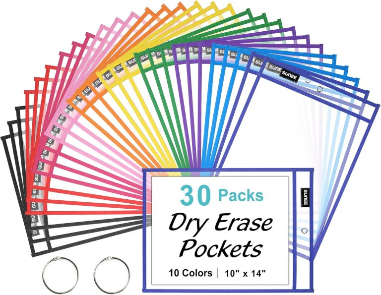 SUNEE 30 Packs Oversized Reusable Dry Erase Pocket Sleeves with 2 Rings, 10 Assorted Colors 10×14 Ticket Holders, Clear Plastic Sheet Protectors, Teacher School Classroom Supplies