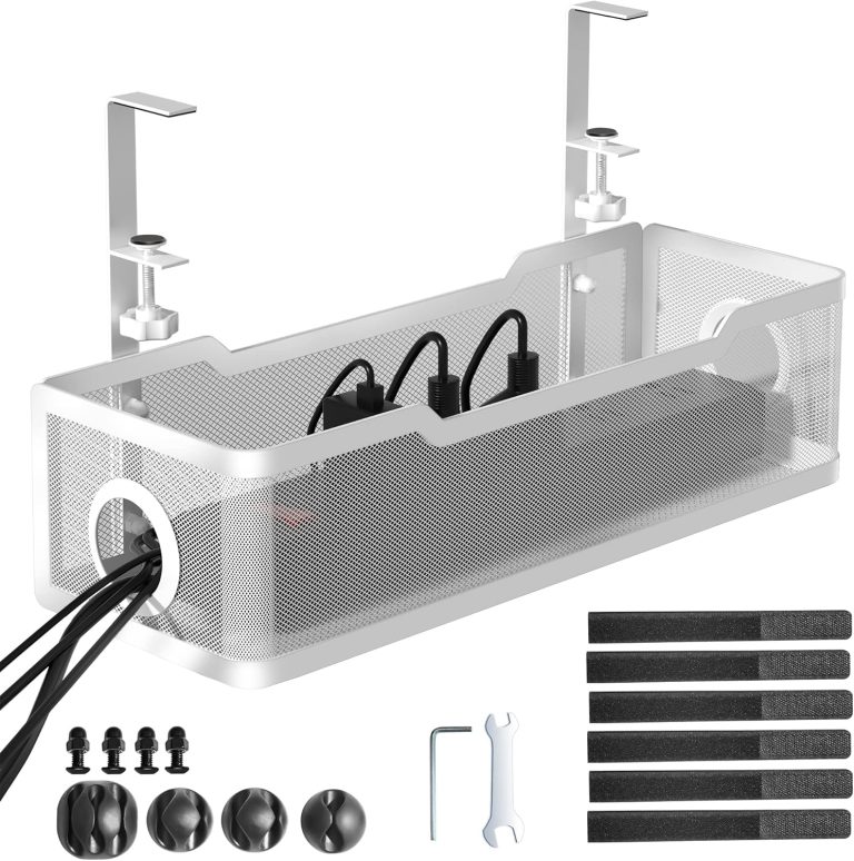 Under Desk Cable Management Tray White, Cinati Cable Management Under Desk No Drill, Cable Tray with Clamp for Desk Wire Management,Desk Cable Management Box for Office, Home – No Damage to Desk