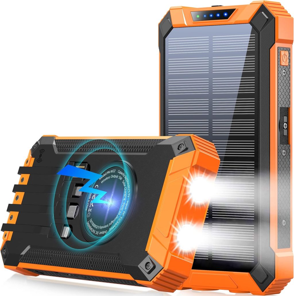 GOODaaa Power Bank Wireless Charger 36000mAh Built in 4 Cables Six Outputs 15W Fast Charging Power Bank for All Mobile Devices Three Inputs Solar Portable Charger with Dual Flashlights, Carabiner GOODaaa Power Bank Wireless Charger 36000mAh Built in 4 Cables Six Outputs 15W Fast Charging Power Bank for All Mobile Devices Three Inputs Solar Portable Charger with Dual Flashlights, Carabiner