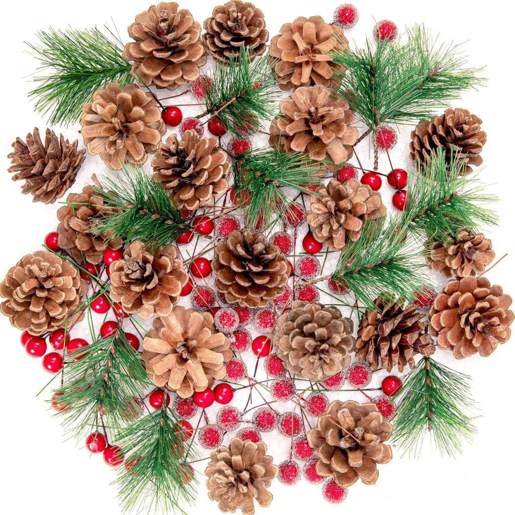 Whaline Christmas Wreath Making Decoration Artificial Pine Cone Berry Set Red Holly Berries Natural Pinecones Branches for Xmas Tree Ornament Home Fall Winter Christmas Party DIY Crafts, 130Pcs Whaline Christmas Wreath Making Decoration Artificial Pine Cone Berry Set Red Holly Berries Natural Pinecones Branches for Xmas Tree Ornament Home Fall Winter Christmas Party DIY Crafts, 130Pcs