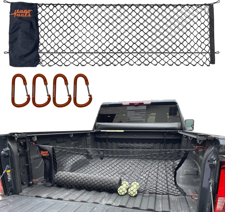 GMC Sierra & Chevy Silverado Envelope Style Truck Bed Cargo Net – Fits 2013-2024 – Upgraded 5mm Bungee – Free Storage Bag – Heavy Duty Carabiners – Designed in USA – 18″ x 50″