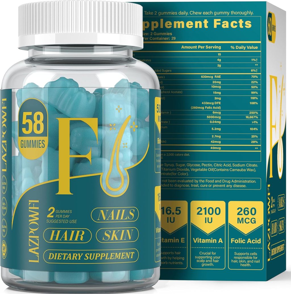 Biotin Gummies for Hair, Skin and Nails – Hair Vitamins for Men & Women, 10,000mcg Max Strength Vitamin B7 for Hair Growth and Stronger Nails,60 Counts – Blueberry Falvor-035