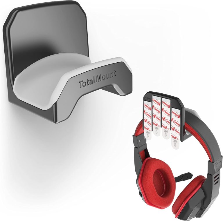TotalMount Gaming Headset Hanger – Includes Removable Adhesive Strips for Easy, Damage-Free Wall, Desk, or PC Mounting (Black Headphone Hook with Premium Silicone Cradle – One Pack)