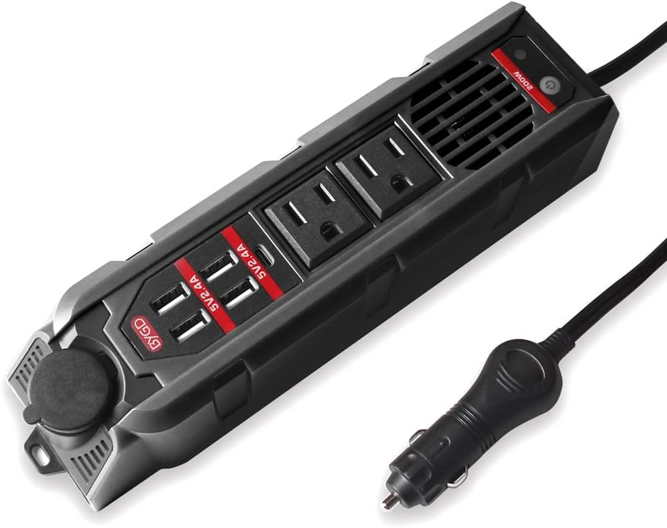 BYGD 200W Car Power Inverter for Vehicles, DC 12V to 110V AC Car Plug Adapter Outlet Converter with Type-C Port, Cigarette Lighter Socket, 2 AC Outlets, 4 USB Quick Charging Ports for Electronics BYGD 200W Car Power Inverter for Vehicles, DC 12V to 110V AC Car Plug Adapter Outlet Converter with Type-C Port, Cigarette Lighter Socket, 2 AC Outlets, 4 USB Quick Charging Ports for Electronics