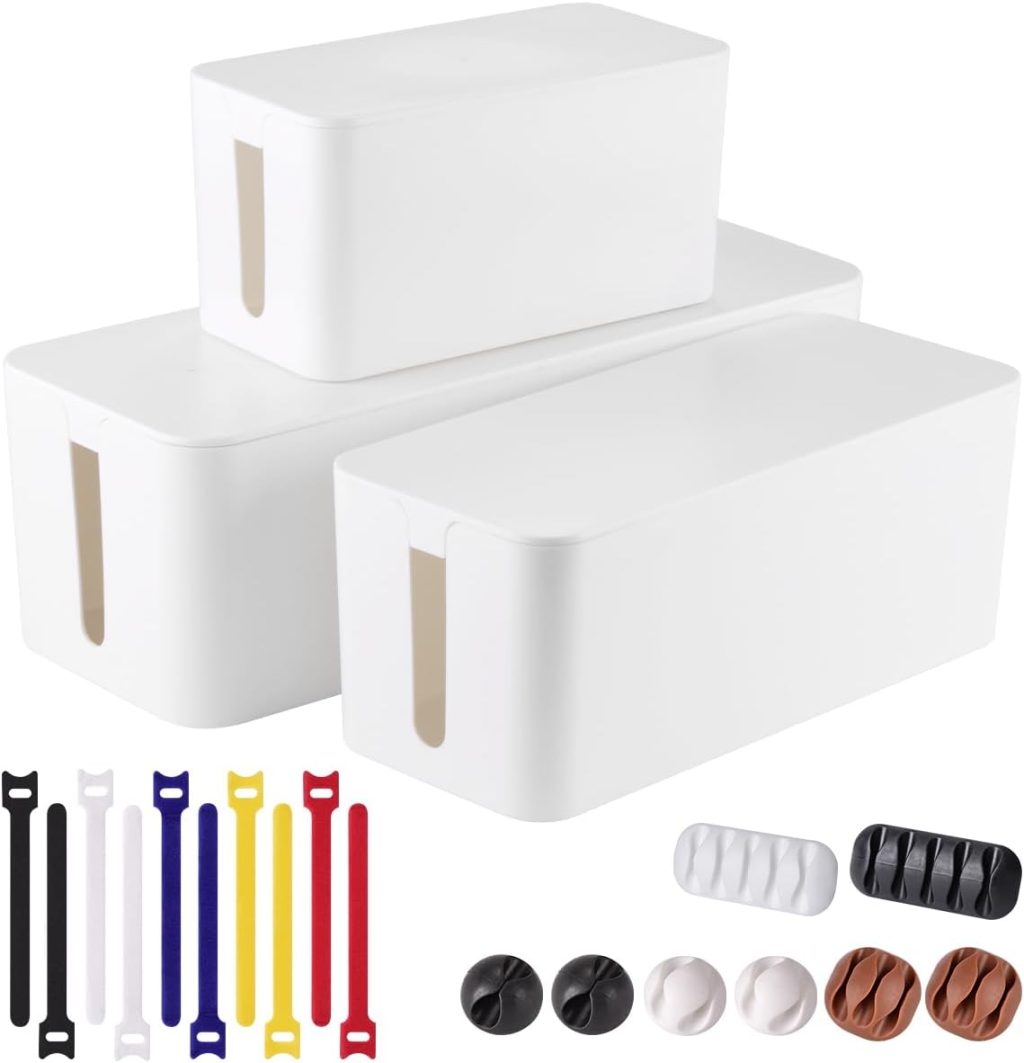 3 Pack Cable Management Box with 18 PCS Cable Management Set – Large & Medium & Small Cable Organizer Box to Hide Wires & Power Strips | TV Cord Organizer Box | for Home & Office, White 3 Pack Cable Management Box with 18 PCS Cable Management Set – Large & Medium & Small Cable Organizer Box to Hide Wires & Power Strips | TV Cord Organizer Box | for Home & Office, White
