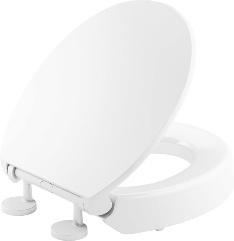 KOHLER 25876-0 Hyten Elevated Quiet-Close Round Toilet Seat, Contoured Seat with Grip-Tight Bumpers, Quick-Attach Hardware, White