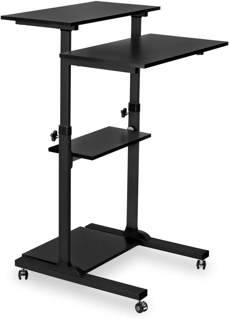 Mount-It! Mobile Standing Desk Cart, Height Adjustable Rolling Stand Up Desk, Computer Workstation for Office, School, Teachers, 27.5″ Wide Podium Platform, Locking Wheels in Black Rises 37″ to 54″