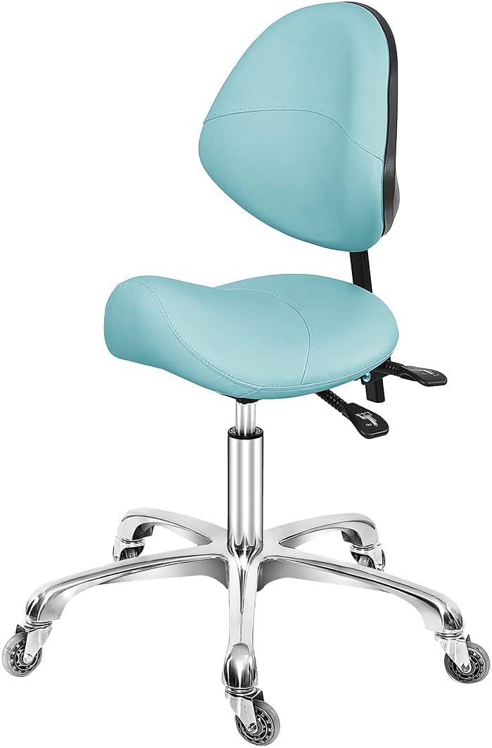 Saddle Stool Dental Hygienist Chair with Back Support, Rolling Esthetician Saddle Stool for Lash Salon Tattoo Shop Spa Dentist Clinic (with Backrest, Cyan)