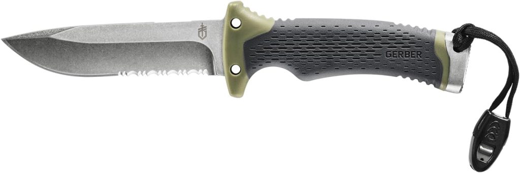 Gerber Gear Ultimate Survival Knife, Fixed Blade Knife with Combo Edge, includes Fire Starter Edge and Ferro Rod, Whistle, Sheath with Integrated Sharpener – Bushcraft, Hunting and Camping Tool Gerber Gear Ultimate Survival Knife, Fixed Blade Knife with Combo Edge, includes Fire Starter Edge and Ferro Rod, Whistle, Sheath with Integrated Sharpener – Bushcraft, Hunting and Camping Tool