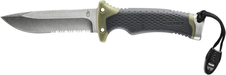 Gerber Gear Ultimate Survival Knife, Fixed Blade Knife with Combo Edge, includes Fire Starter Edge and Ferro Rod, Whistle, Sheath with Integrated Sharpener – Bushcraft, Hunting and Camping Tool