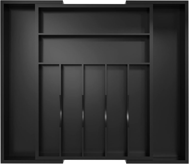 Utensil Organizer Silverware Drawer Organizer – Bamboo Expandable Cutlery Tray with Dividers for Utensil Holder Office Storage Makeup Desk Drawer Tool Organization W13.5″-19.5″ x L17.5″ x H2.5″(Black)