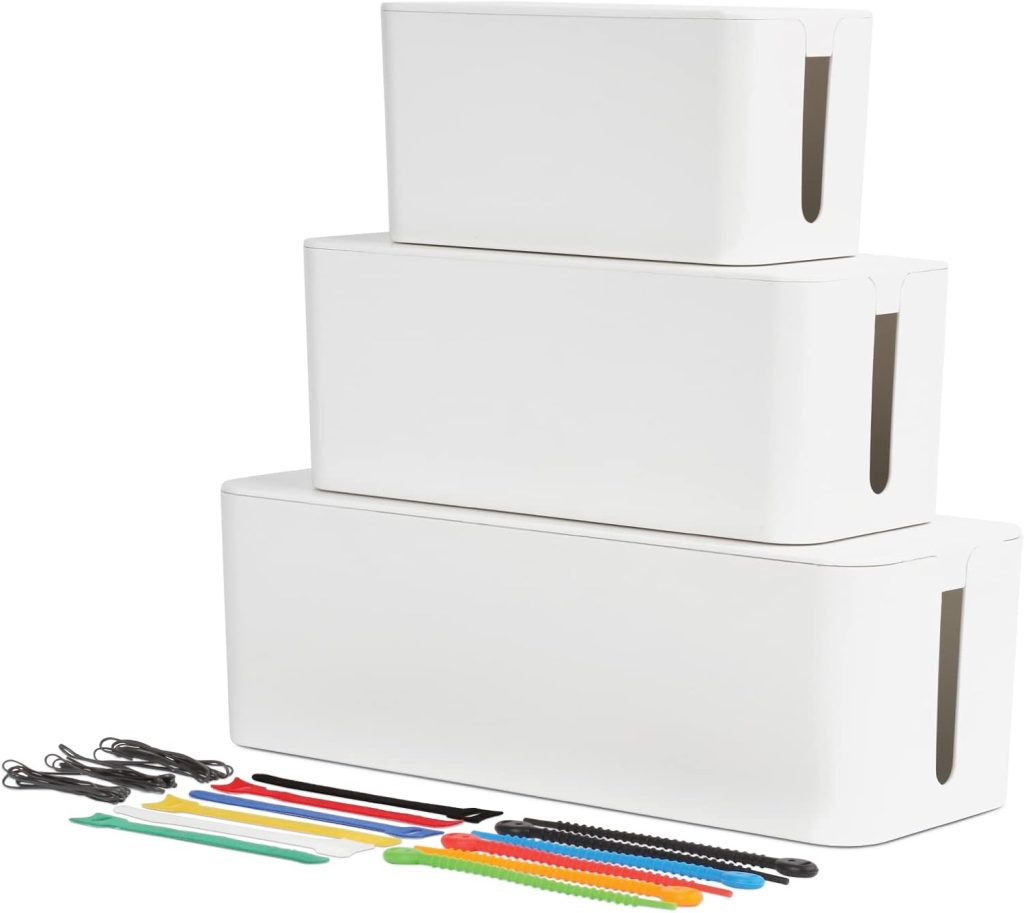 Oxford Cable Management Boxes, 3 Pack, Small, Medium, Large, 15 Cable Ties (Hook & Loop, Silicone,Twist Ties), Power Strip Organizer, White (27800) Oxford Cable Management Boxes, 3 Pack, Small, Medium, Large, 15 Cable Ties (Hook & Loop, Silicone,Twist Ties), Power Strip Organizer, White (27800)