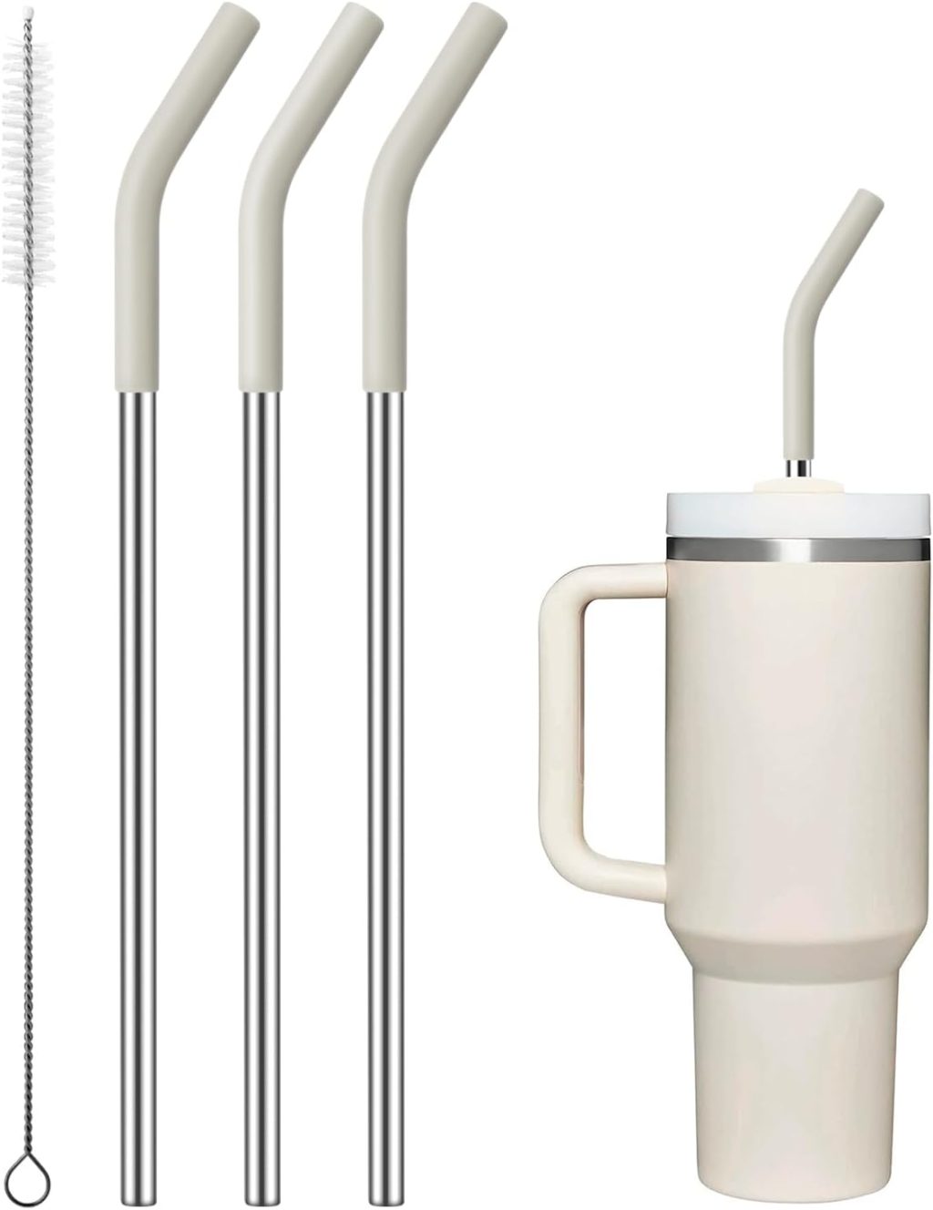 Metal Straws with Silicone Tip for Stanley 40 oz Tumbler,Reusable Straws for 40 oz Tumbler,3 Straight 13.3″ and 3 Cream Gray Silicone StrawTips,1 Straw Cleanr Brush Metal Straws with Silicone Tip for Stanley 40 oz Tumbler,Reusable Straws for 40 oz Tumbler,3 Straight 13.3″ and 3 Cream Gray Silicone StrawTips,1 Straw Cleanr Brush