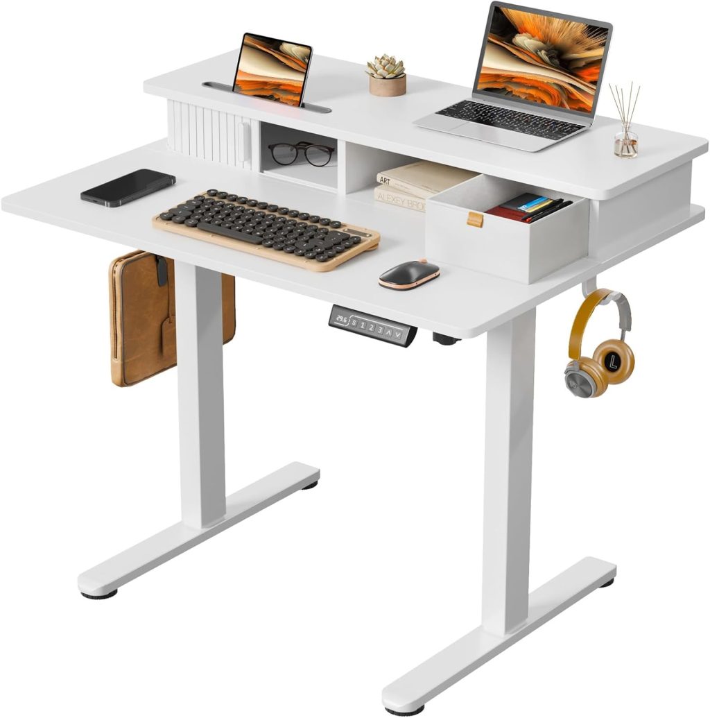 JOY worker Small Electric Standing Desk, 35″ x 25″ Height Adjustable Desk with Built-in Monitor Stand & Storage Drawer, White Sit Stand Desk with 2 Hooks for Home Office JOY worker Small Electric Standing Desk, 35″ x 25″ Height Adjustable Desk with Built-in Monitor Stand & Storage Drawer, White Sit Stand Desk with 2 Hooks for Home Office