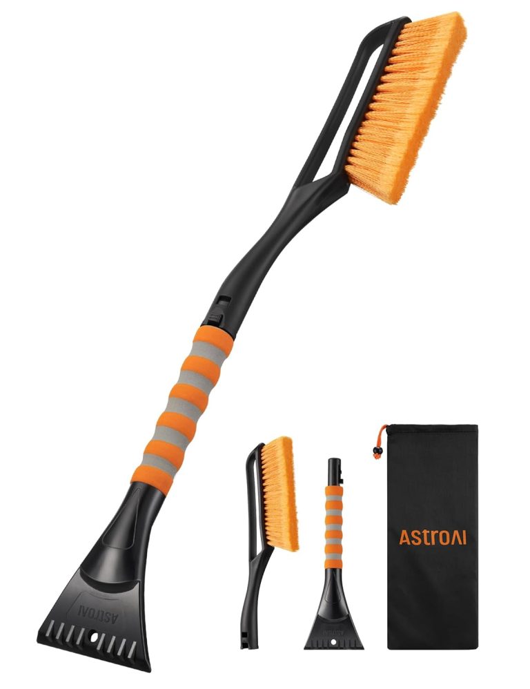 AstroAI 27″ Snow Brush and Ice Scrapers for Car Windshield, Detachable Snow Scrapers with Ergonomic Foam Grip for Cars, Trucks, SUVs (Heavy Duty ABS, PVC Brush, Orange)