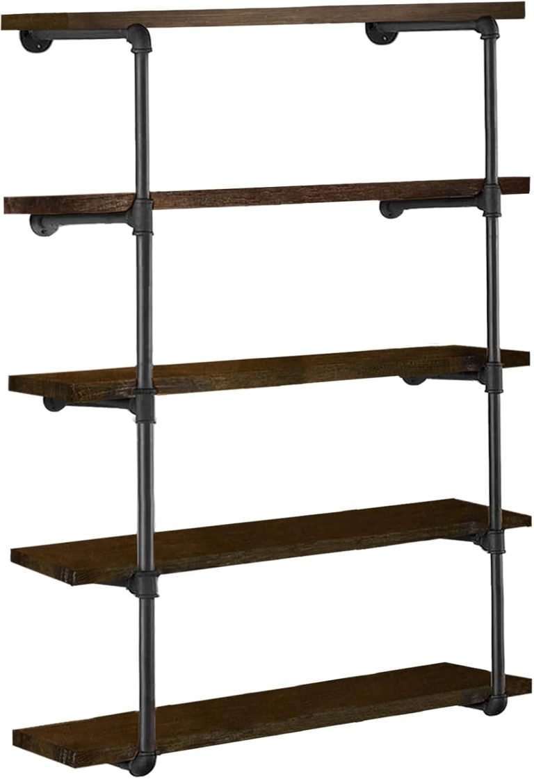 HITOMEN Industrial Iron Pipe Shelves, 2 Set 5-Tier, 55″ Tall, 12″ Depth, DIY Open Bookshelf Bookcase, Wall Mounted Vintage Retro Shelving, Rustic Farmhouse Pantry Kitchen Storage, Black Shelf Brackets