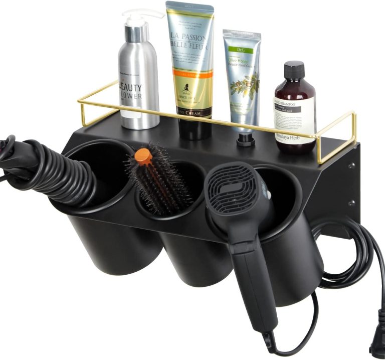 J JACKCUBE DESIGN Hair Dryer Holder Wall Mount Bathroom Vanity Hair Styling Care Tool Accessories 3 Cups Storage Organizer Caddy with Shelf Steel Black Gold- MK1002A (Black)