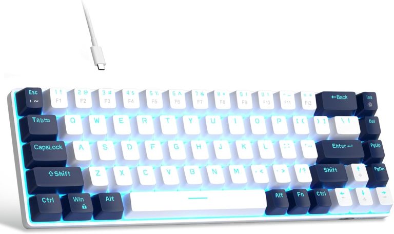 MageGee Portable 60% Mechanical Gaming Keyboard, MK-Box LED Backlit Compact 68 Keys Mini Wired Office Keyboard with Red Switch for Windows Laptop PC Mac – White/Blue
