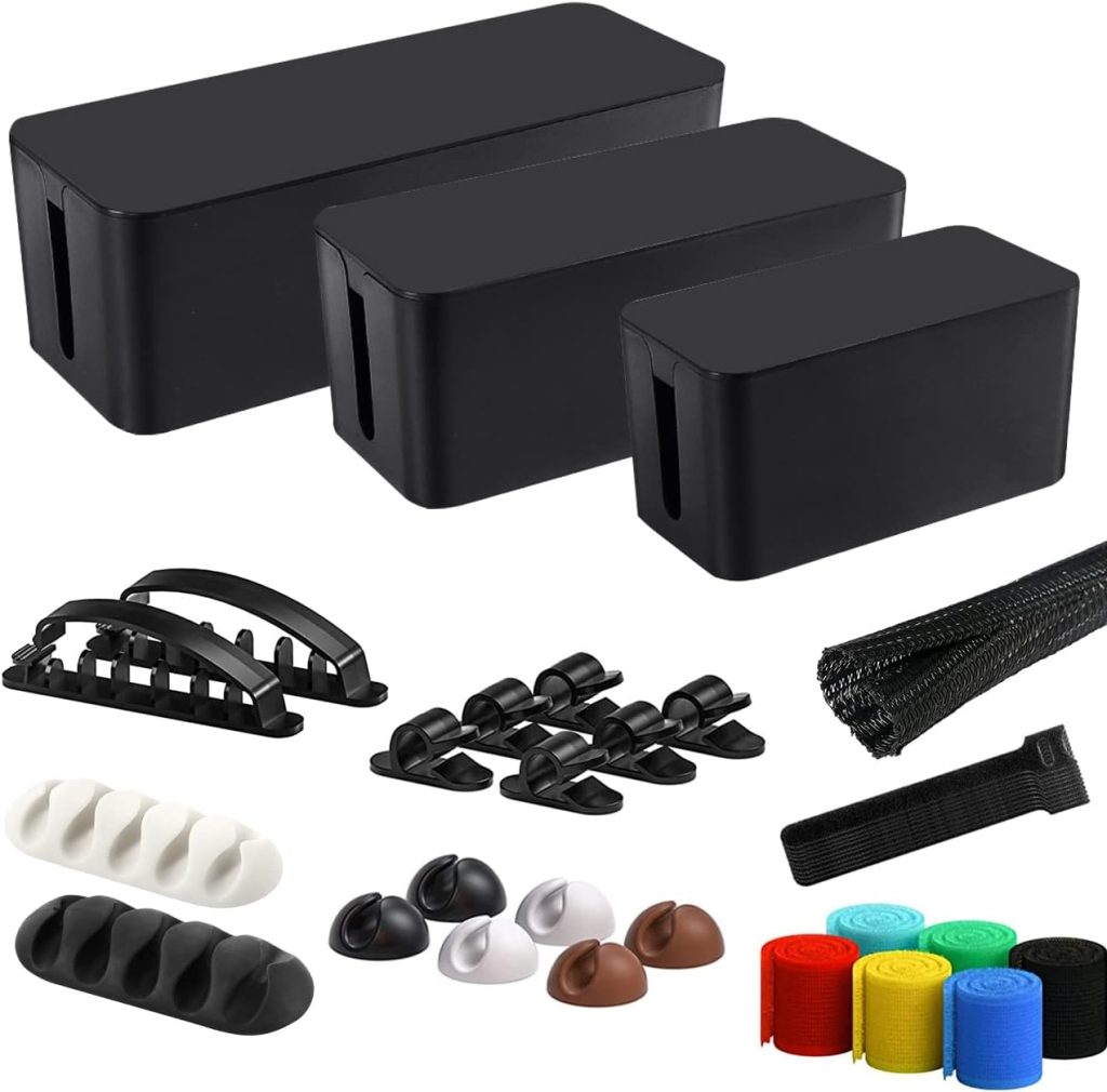 Cable Management Box, 3 Pack Cord Organizer Boxes with 33 PCS Cable Management Set to Cover Hide Power Strip, Surge Protector Under Desk & on Floor, Wire Concealer for Home Office Computer TV (Black) Cable Management Box, 3 Pack Cord Organizer Boxes with 33 PCS Cable Management Set to Cover Hide Power Strip, Surge Protector Under Desk & on Floor, Wire Concealer for Home Office Computer TV (Black)
