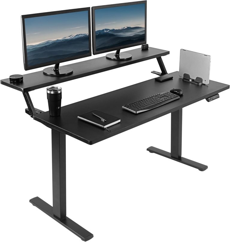 VIVO Electric 2-Tier Height Adjustable 55 x 30 inch Stand Up Desk, Dual Tier Adjustable Shelf Table Top, Standing Workstation with Memory Controller, Home and Office Furniture, Black, DESK-KIT-1B2TB