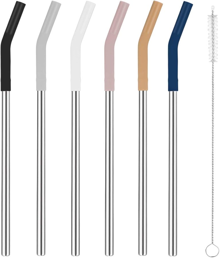 Tronco Set of 6 Stainless Steel Reusable Metal Straws with Silicone Flex Tips Elbows Cover, Metal Drinking Straws for Tronco Tumbler, 6 Steel Straws,6 Silicone Tips,1 Straw Cleaning Brush