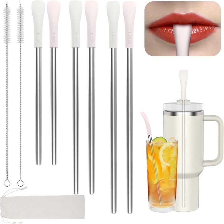 OUTXE Anti Wrinkle Straw 6 Pcs, Stainless Steel Drinking Straw for Stanley 40 oz 30 oz Tumbler, Reusable Wrinkle Free Long Metal Straw for Lip with Cleaning Brush and Carrying Bag