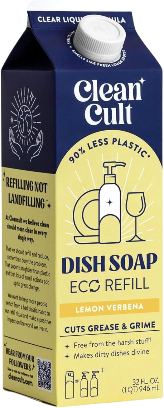 Cleancult Dish Soap Liquid Refill (32oz, 1 Pack) – Plant Based Cleaning Power – Dish Soap that Cuts Grease & Grime – Free of Harsh Chemicals – Uses 90% Less Plastic – Lemon Verbena