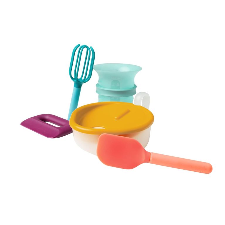 Boon Intro Toddler Food Prep Kids Kitchen Set – Kids Kitchen Accessories – 5 Unique Toddler Kitchen Tools Includes Spatula, Egg Cracker, Kids Chopper, Measuring Cup, and Bowl – Ages 3 Years and Up