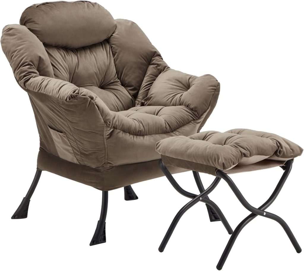 Lazy Chair with Folding Ottoman, Accent Chair Velvet Upholstered with Metal Structure and Non-Slip Pads, Sofa Armchair with Footrest and Side Storage Bag for Dorm, Room, Office, Dark Gray Lazy Chair with Folding Ottoman, Accent Chair Velvet Upholstered with Metal Structure and Non-Slip Pads, Sofa Armchair with Footrest and Side Storage Bag for Dorm, Room, Office, Dark Gray