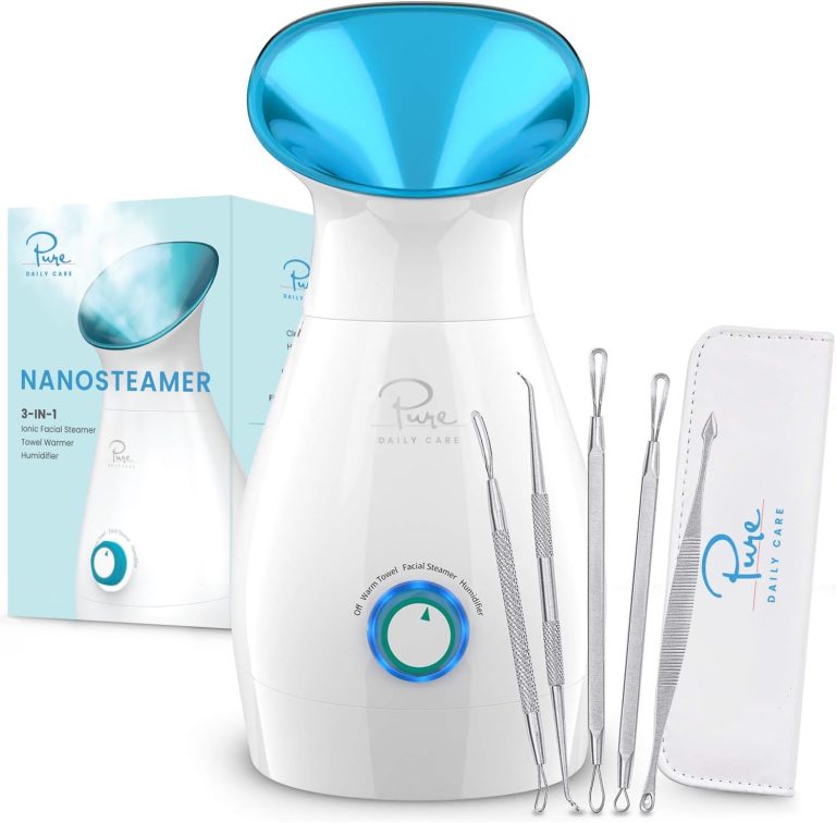NanoSteamer Large 3-in-1 Nano Ionic Facial Steamer with Precise Temp Control – Humidifier – Unclogs Pores – Blackheads – Spa Quality – Bonus 5 Piece Stainless Steel Skin Kit (Teal)