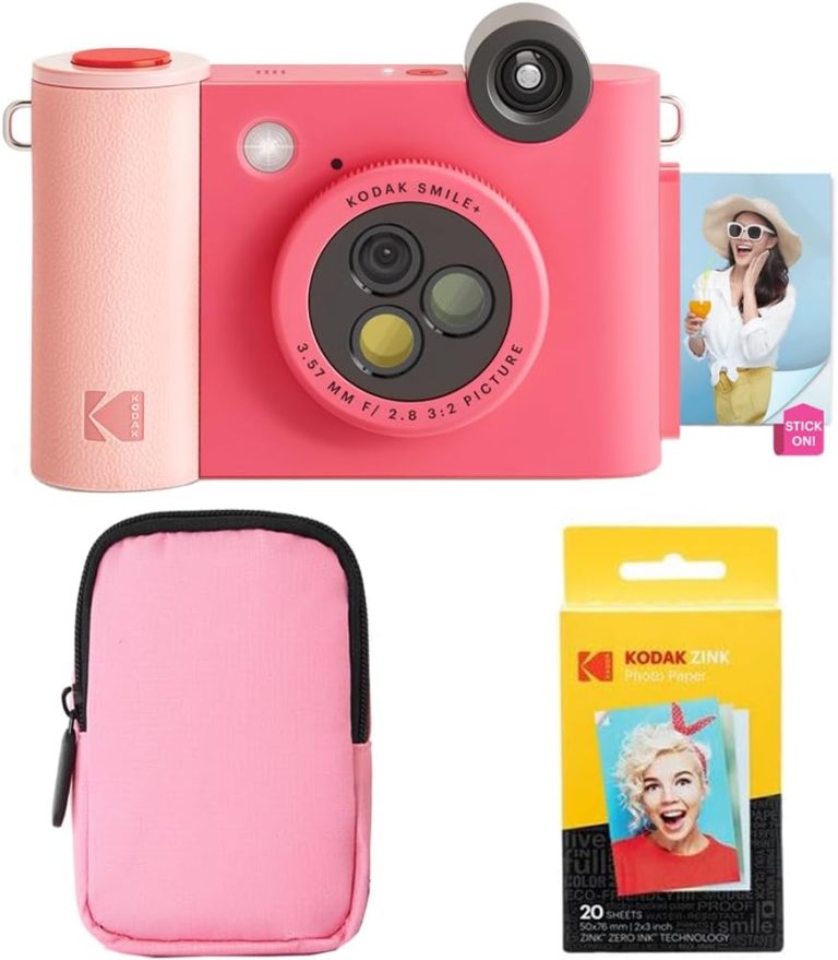 KODAK Smile+ 2-in-1 Digital Instant Print Camera & Wireless Bluetooth Photo Printer Starter Bundle + Soft Case + Zink 20pk Sticky-Back Photo Paper – 10MP, Special-Effect Rotating Lens – Fuchsia