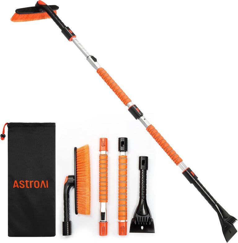 AstroAI 62.4″ Ice Scrapers for Car Windshield and Extendable Snow Brush with Foam Grip and 360° Pivoting Brush Head for Christmas Car Auto Truck SUV(Orange)